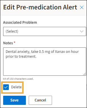 Edit Pre-medication alert window with a yellow highlight box around the delete checkbox.